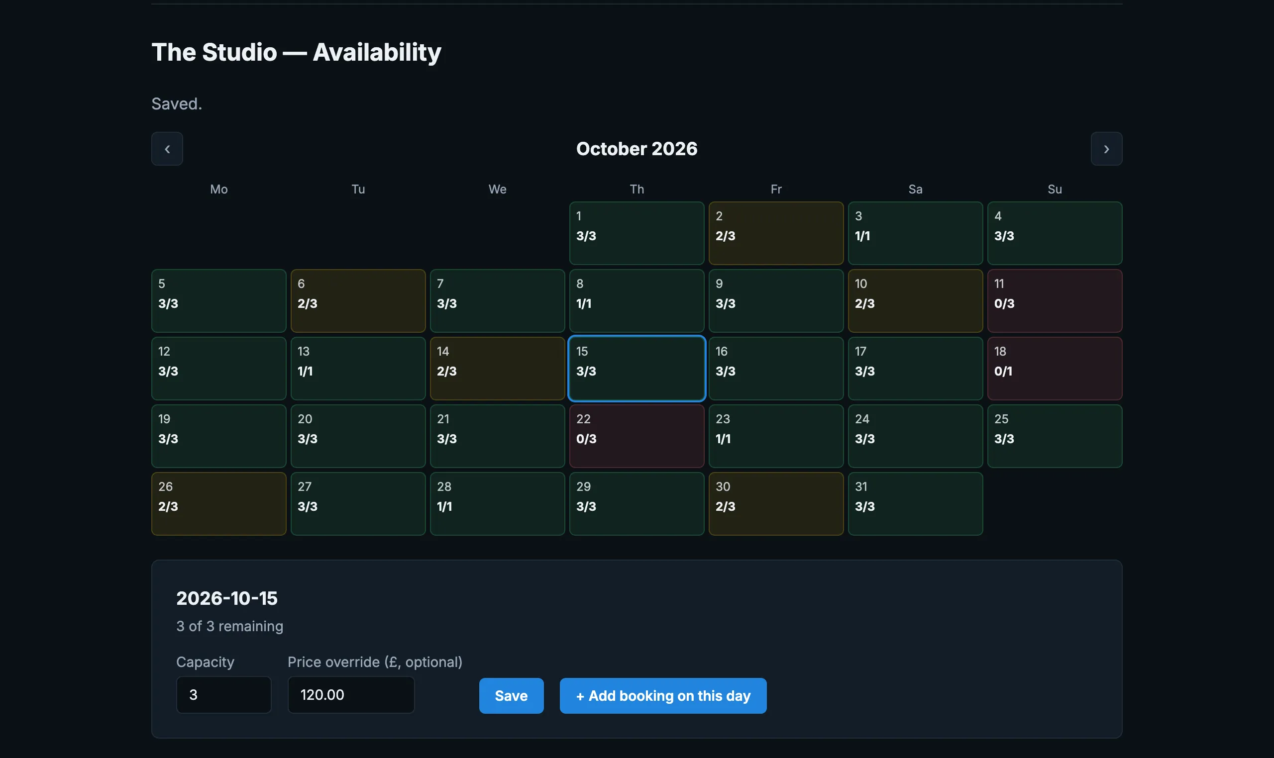 Admin calendar showing daily availability with a per-day price override