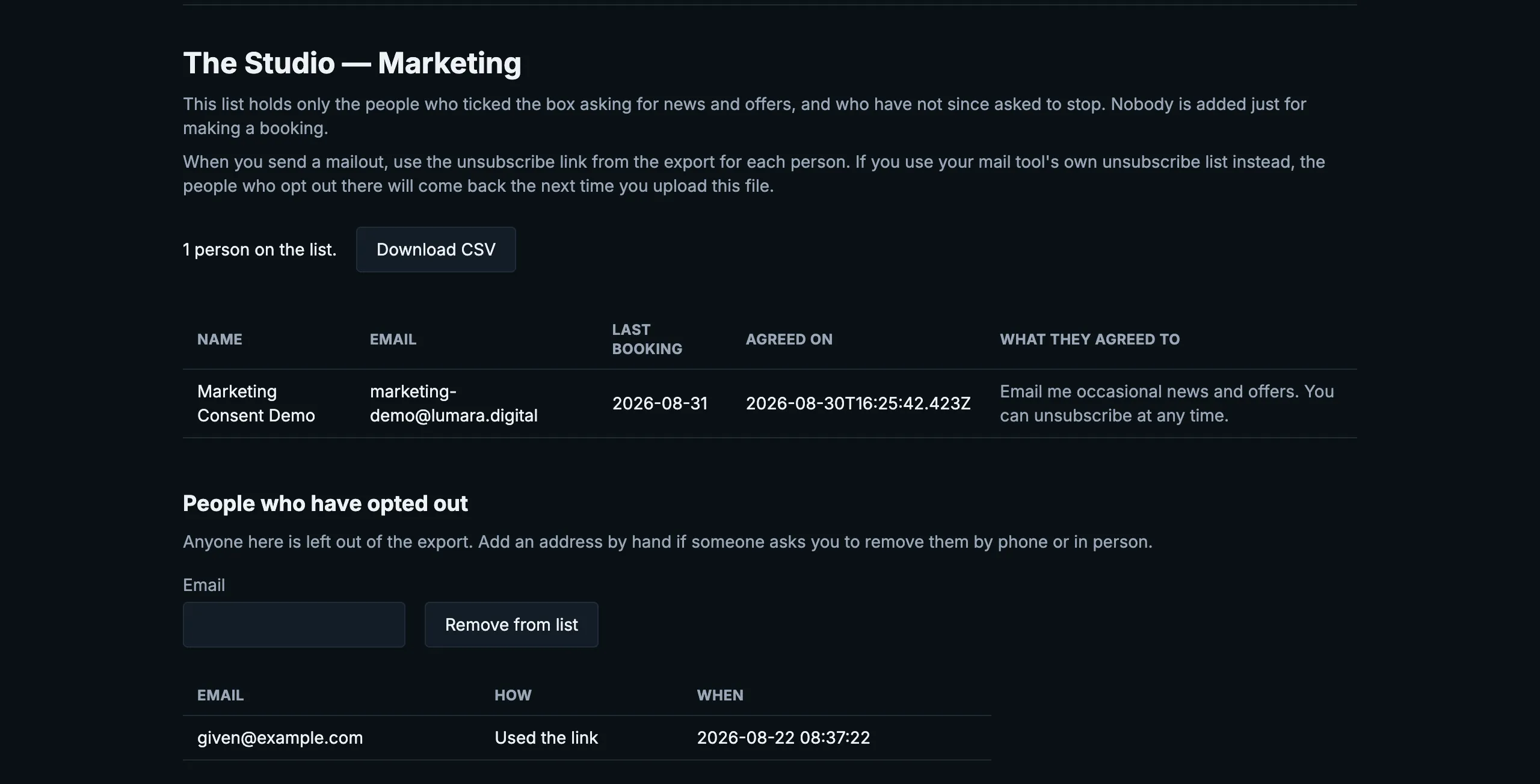 Marketing consent screen with a contact list and CSV export button